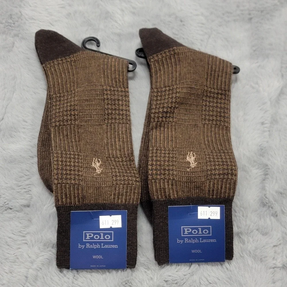 Polo Ralph Lauren Wool Socks Mens 10-13 Brown Check Dress Mid Calf Japan 2 Pairs